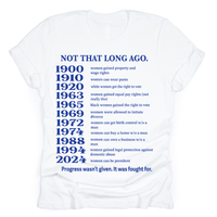 White t-shirt with blue text listing women's rights milestones from 1900 to 2024.