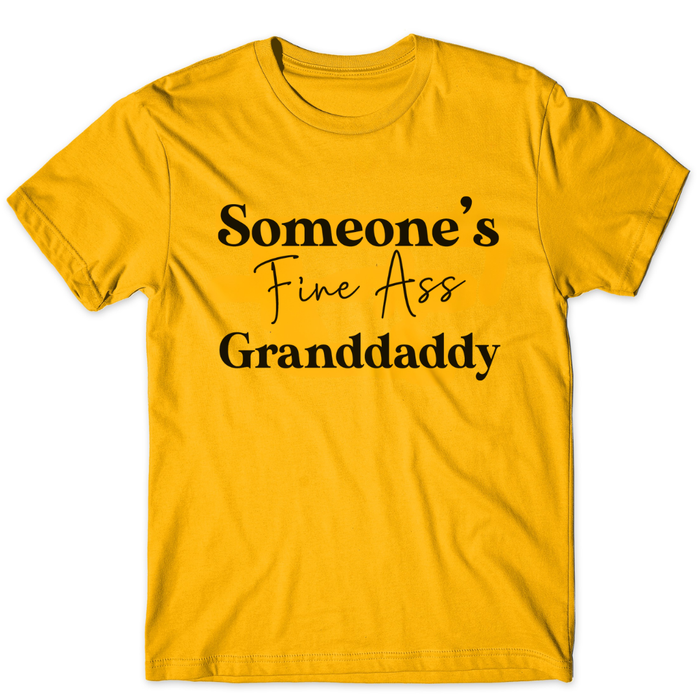Yellow t-shirt with black text on a white background