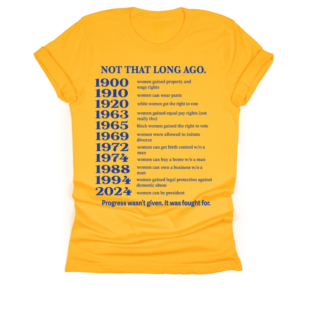 Yellow t-shirt with blue text listing women's rights milestones on a white background