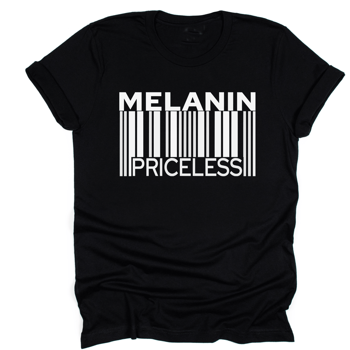 Black t-shirt with 'Melanin Priceless' barcode design on a white background