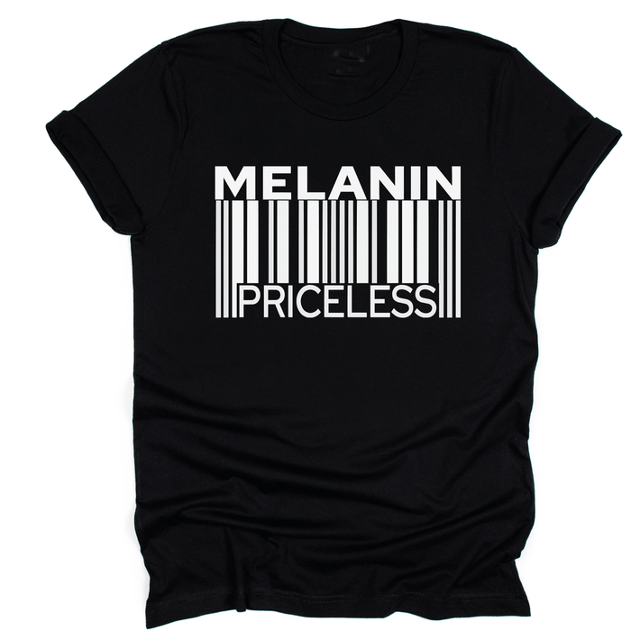 Black t-shirt with 'Melanin Priceless' barcode design on a white background