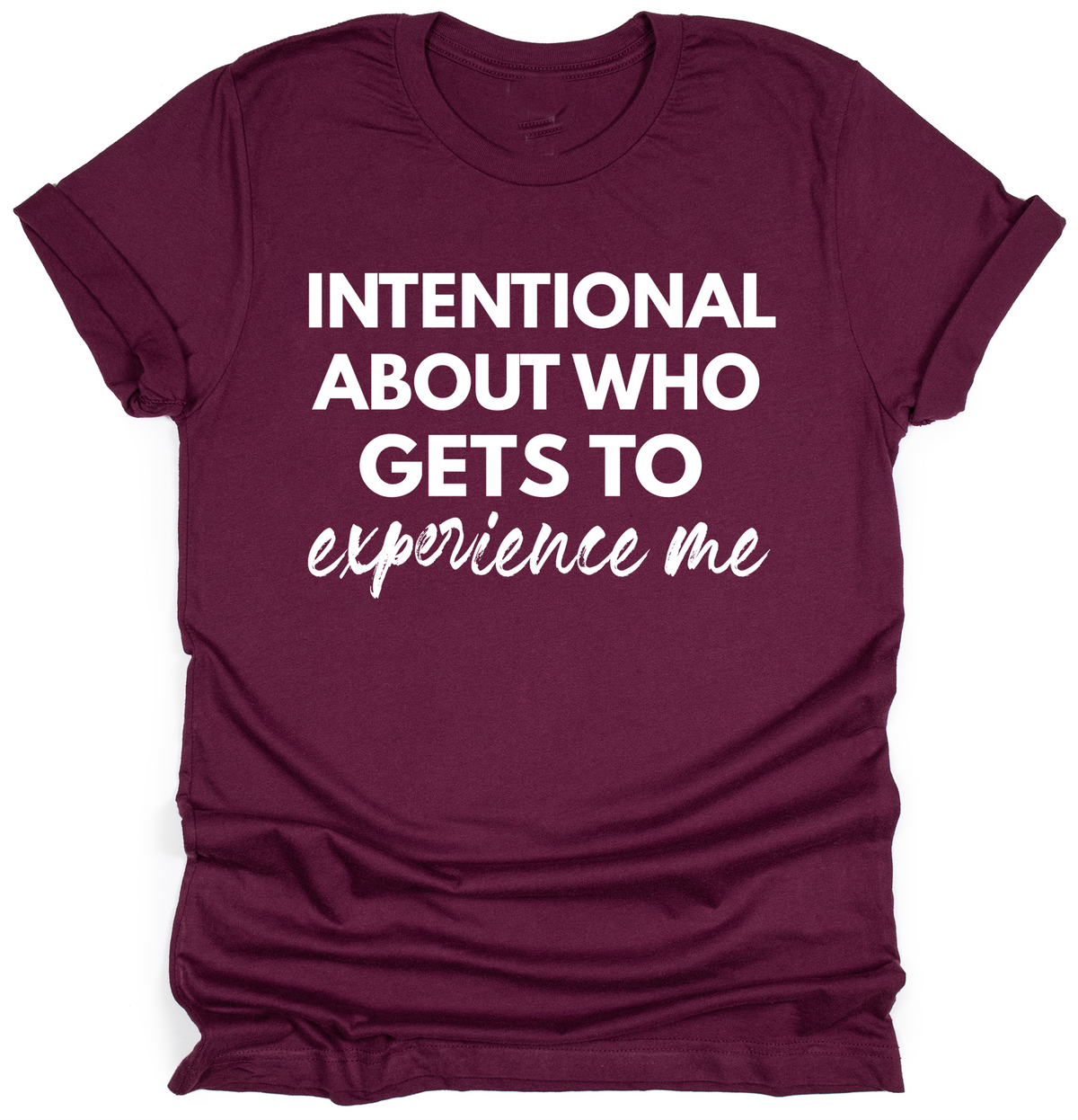 Maroon t-shirt with white text on a white background