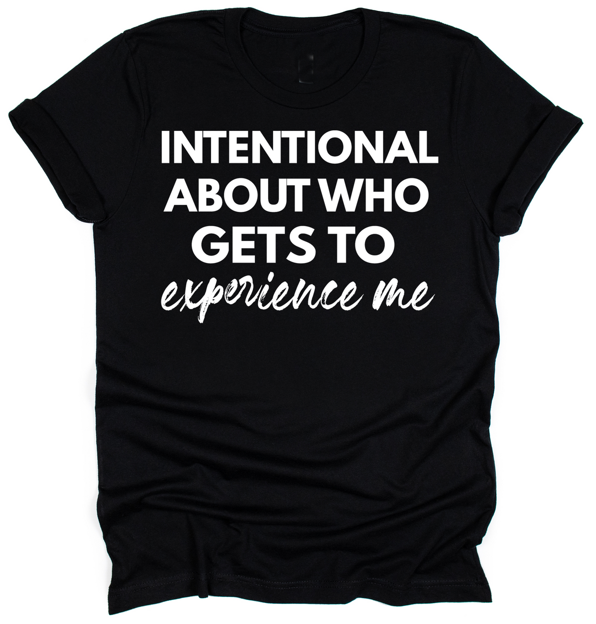 Black t-shirt with white text on a white background