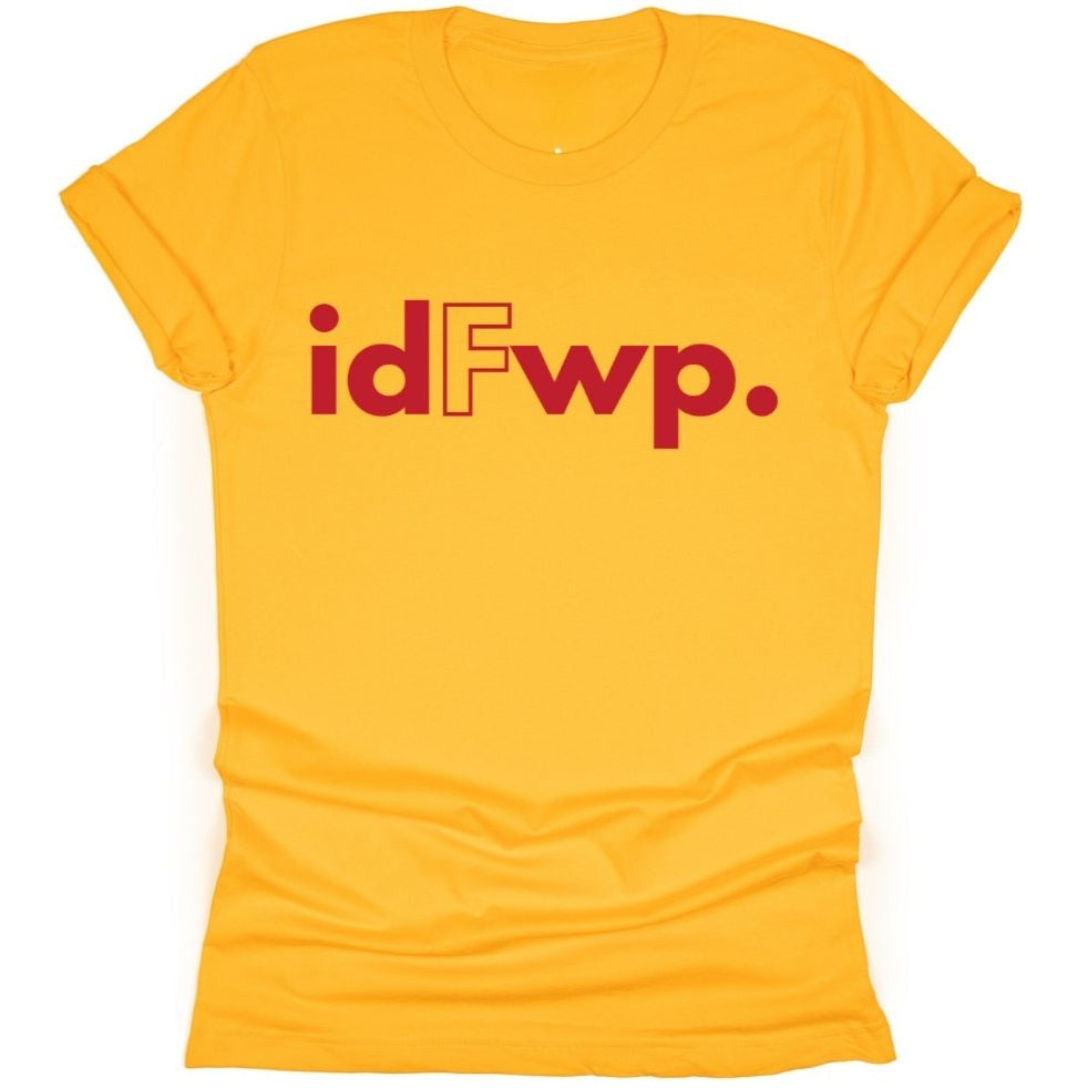 Yellow t-shirt with red text 'idFwp.' 