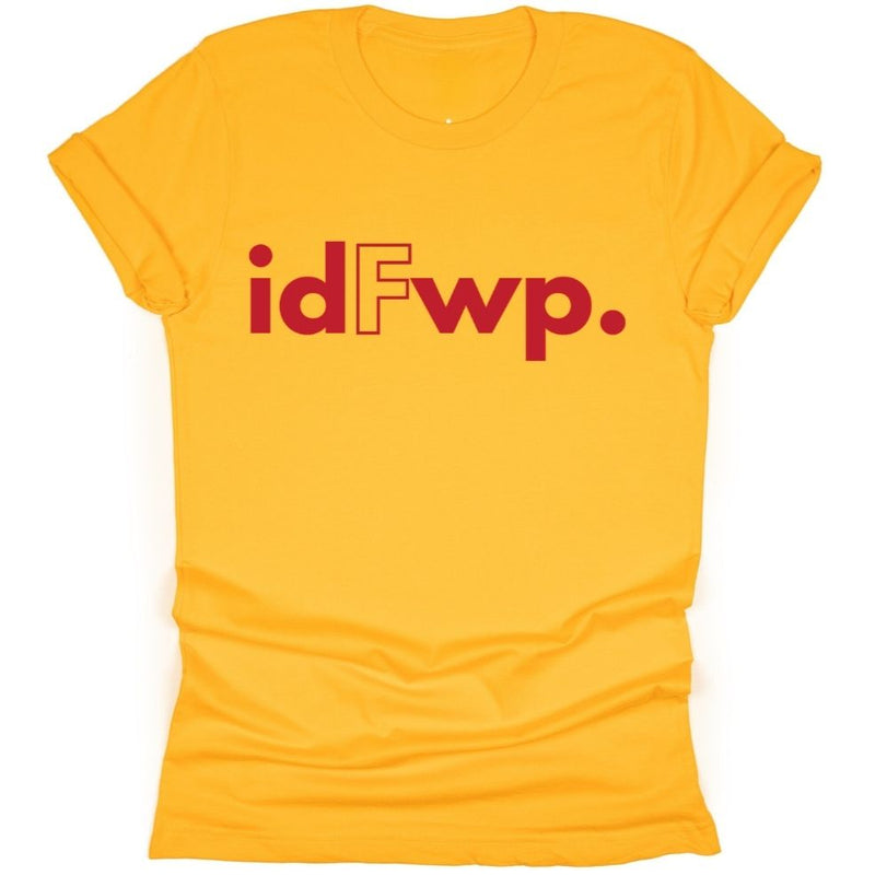 Yellow t-shirt with red text 'idFwp.' 