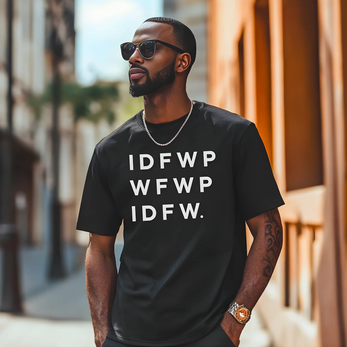 Man wearing a black t-shirt with text on a city street