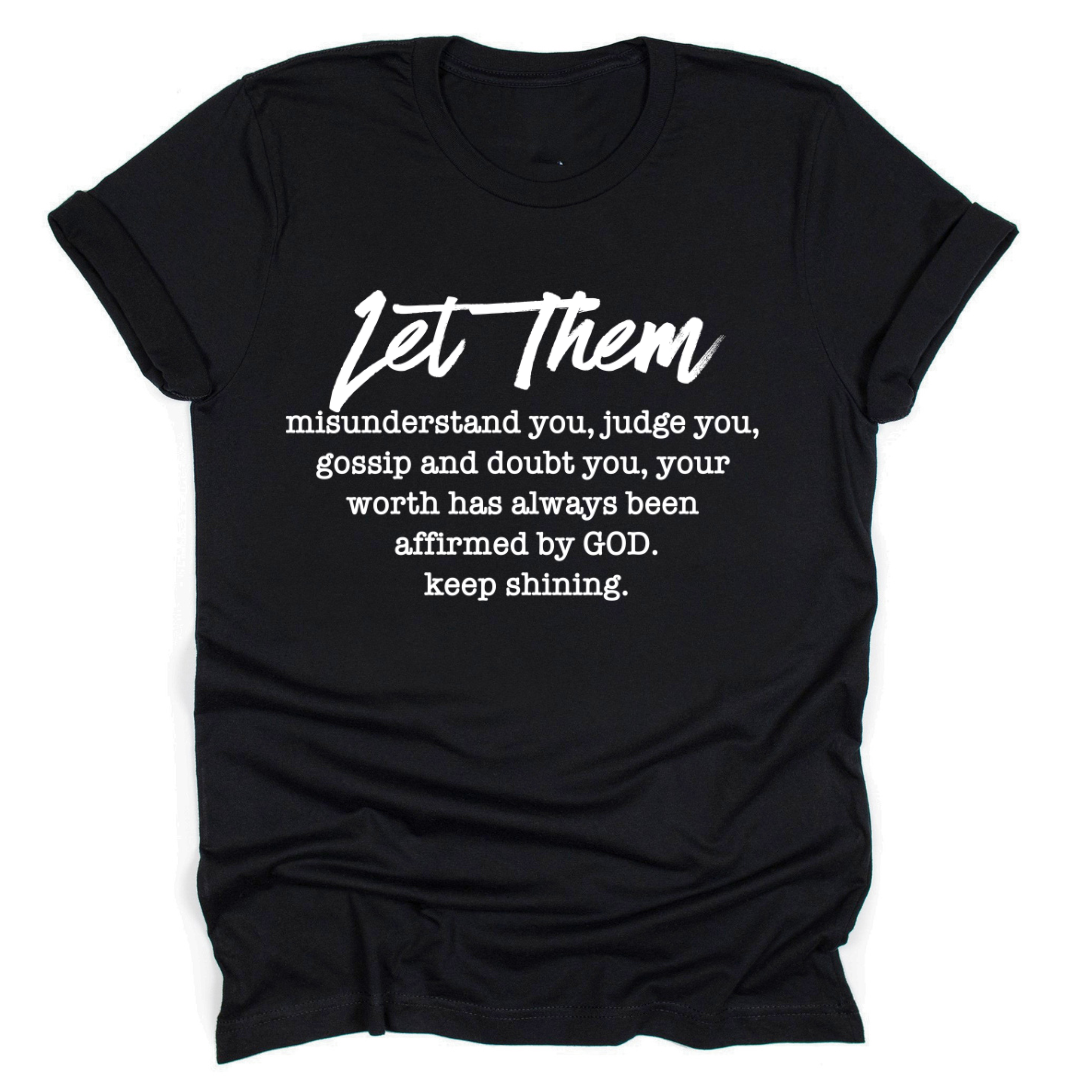 Black t-shirt with white text on a white background