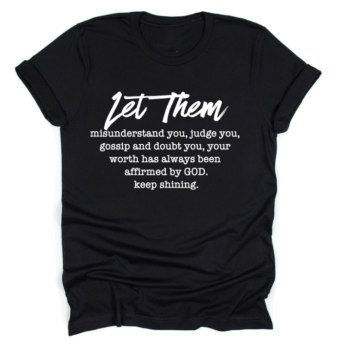 Black t-shirt with white text on a white background